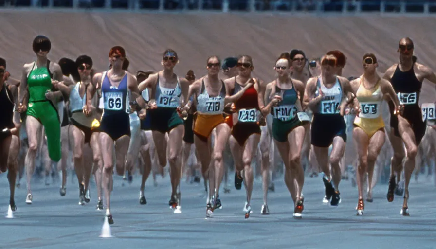 Image similar to The matrix, LeeLoo, Starship Troopers, Clarice Starling, Sprinters in a race with a clear winner, The Olympics footagein a stadium, intense moment, cinematic stillframe, Robby Mueller, The fifth element, vintage robotics, formula 1, starring Geena Davis, sports photography, clean lighting