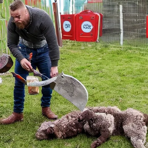 Image similar to ragnar lothrbok cutting off head of lamb at the pet n play zone in zoo with children crying around him while he laughs with beer and bloody axe in hand