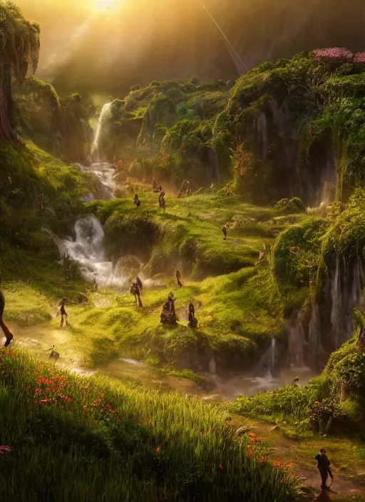 Prompt: the silhouette of a flying fairy in the distance of a lord of the rings scenery landscape, a vast lush valley flowers and wooden structures, stream, sunrise, god's rays highly detailed, vivid color, cinematic lighting, perfect composition, 8 k, gustave dore, derek zabrocki, greg rutkowski, belsinski, octane render