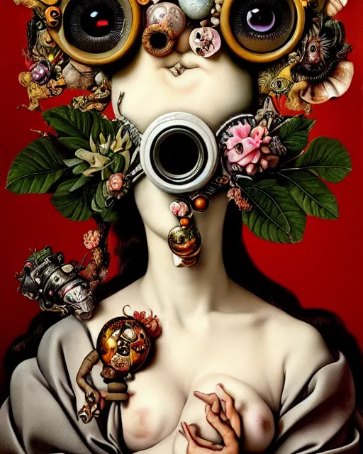 Image similar to a maximalist biomorphic portrait with with large eyes, expressive, wearing a botanical gas mask, baroque, by ayami kojima, mark ryden, caravaggio and arcimboldo, surrealism by dali, hauntingly surreal, statue, high fashion, focus on head, soft light, 4 k, octane high quality render