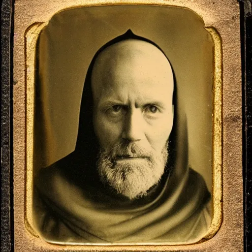 Prompt: tintype photograph of medieval monk, medieval abbot, italian monastery, medieval photograph