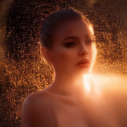 Prompt: filmstill photography of female body covered with white translucent blanket acrylic liquid colors, luxurious supermodel photoshooting, golden jewelry, bokeh, godrays, strong wind, wrinkles, sunrays, sunset, lens flare