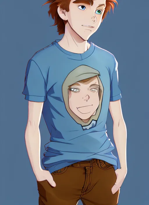 Prompt: portrait of a teen boy with completely straight auburn hair, light blue eyes, pale skin, freckles, sad expression, t - shirt, modern casual clothing, natural lighting, path traced, highly detailed, high quality, cartoon, digital painting, by don bluth and ross tran and studio ghibli