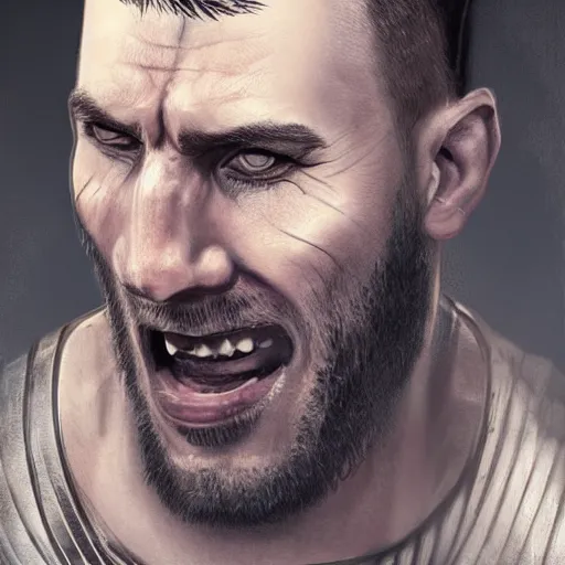 Image similar to realistic head portrait, 30 year old man, Spain :: athletic, angered, short black hair :: chain mail :: high detail, digital art, RPG, concept art, illustration