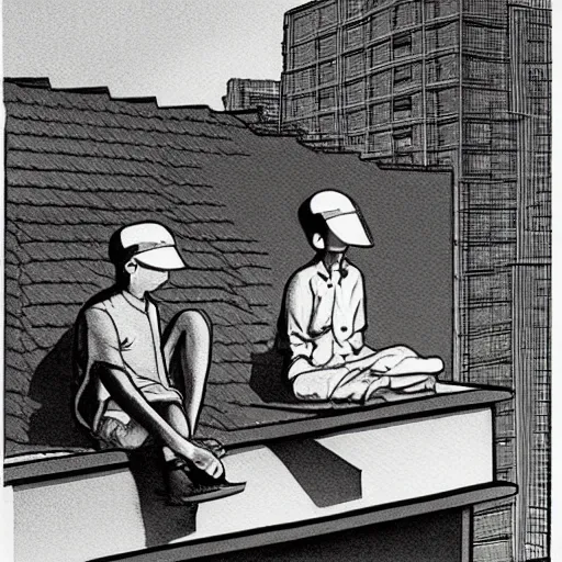 Prompt: art of two singaporean students in uniform sitting on the roof of a hdb flat, by moebius