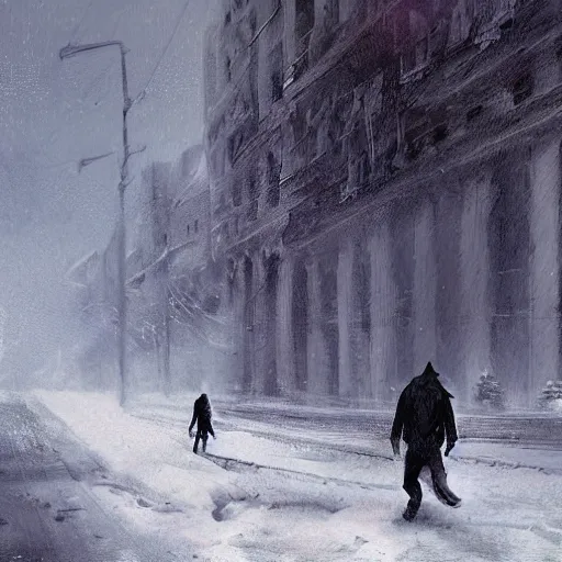 Image similar to a man walking in the snow in zombie apocalypse by greg rutkowski