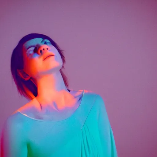 Prompt: photo of a beautiful woman lit from below with turquoise light and from above with golden orange light in the style of mandy moores in my pocket music video