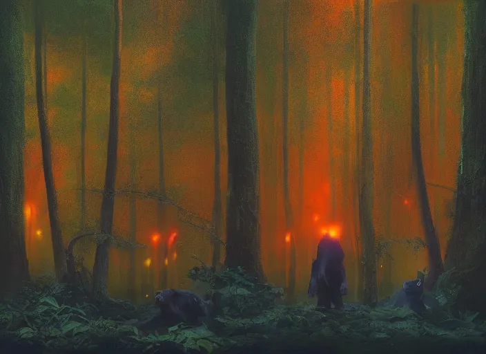 Image similar to a few orange safety cones in a beautiful strange forest and a black hairy fuzzy bear man beast hybrid stands in the center distance, cinematic painting by james jean, atomspheric lighting, moody lighting, dappled light, detailed, digital art, limited color palette, wes anderson, 2 4 mm lens, surreal