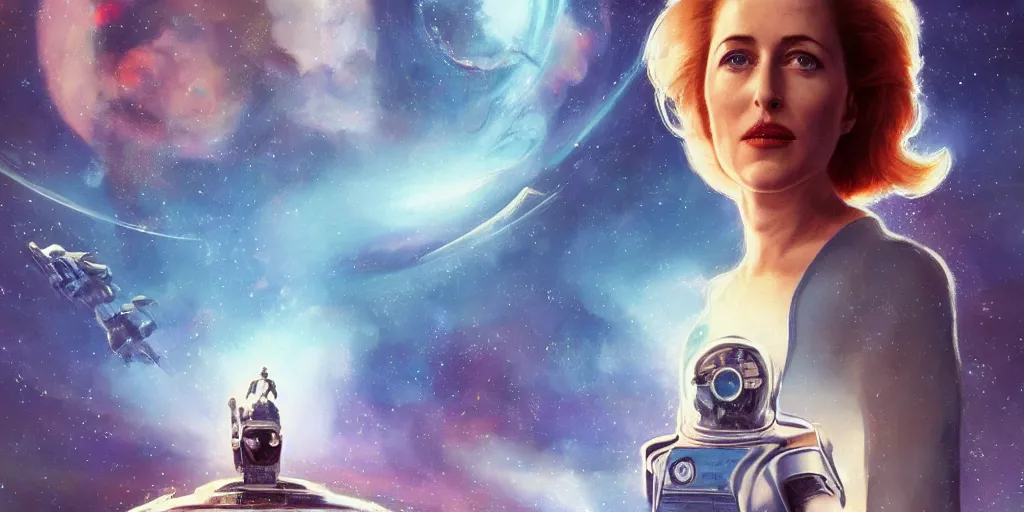 Prompt: Young Gillian Anderson as a stunning , beautiful retro SCI-FI space heroine 1985 , movie poster, intricate, elegant, highly detailed, centered, digital painting, trending on artstation, concept art, smooth, sharp focus, illustration, art by raphael lacoste ,eddie mendoza ,alex ross, WLOP