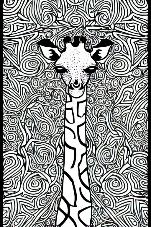 Prompt: giraffe ornate luxury fractal ink drawing line art colouring page, vector, margins, fine lines, centered