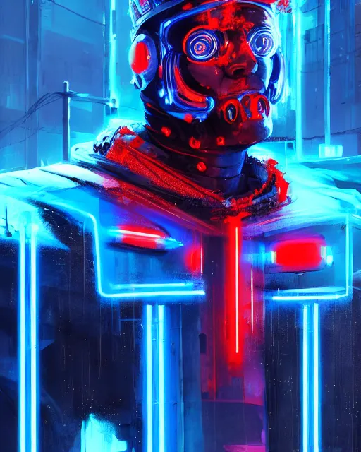 Image similar to detailed full body Blue Neon Emperor Nero, cyberpunk futuristic neon, reflective red coats, decorated with traditional Rome ornaments by Ismail inceoglu dragan bibin hans thoma greg rutkowski Alexandros Pyromallis Nekro Rene Maritte Illustrated, Perfect face, fine details, realistic shaded, fine-face, pretty face