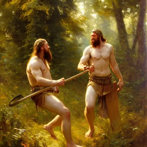 Image similar to 2 attractive male vikings frolicking in the forest. highly detailed painting by gaston bussiere, craig mullins, j. c. leyendecker, 8 k