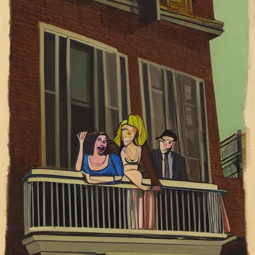 Image similar to painting of a rich man and woman sitting on the balcony of an apartment building in nyc watching the people below as they run away from zombies