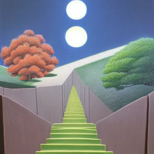 Image similar to a painting of a staircase leading to a tree, a surrealist painting by kaii higashiyama and david inshaw, deviantart, synthetism, matte drawing, detailed painting, oil on canvas