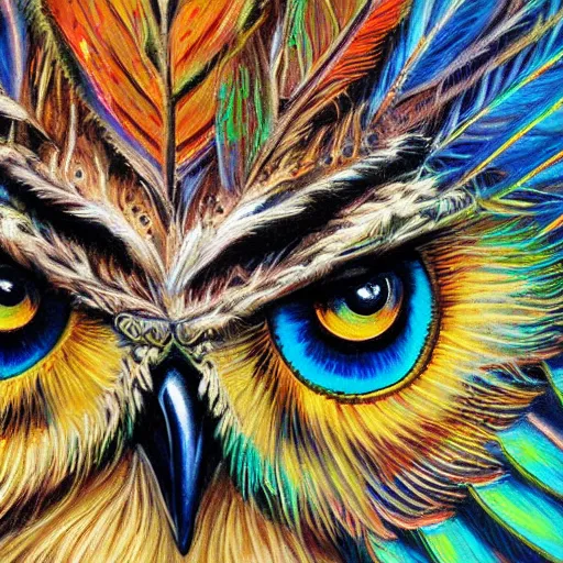 Prompt: beautiful owl with peacock feathers detailed painting in the style of josephine wall 4 k