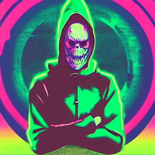 Image similar to swatcat skeletor in hoodie, portrait, vaporwave, synthwave, neon, vector graphics, cinematic, volumetric lighting, f 8 aperture, cinematic eastman 5 3 8 4 film, photorealistic