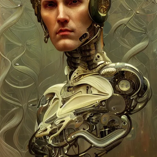 Image similar to portrait of old male android, coy, circuitry visible in head, in the style of ex machina, karol bak, alphonse mucha, greg rutkowski, award winning, hr giger, artstation