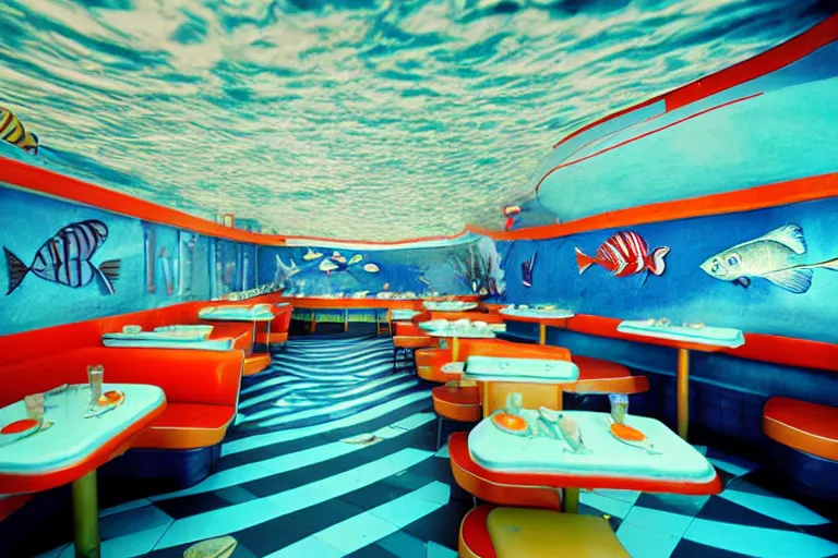 Prompt: 2 0 1 5 fish themed underwater american diner, googie architecture, two point perspective, americana, fishcore, restaurant interior photography, 8 5 mm, taken by alex webb