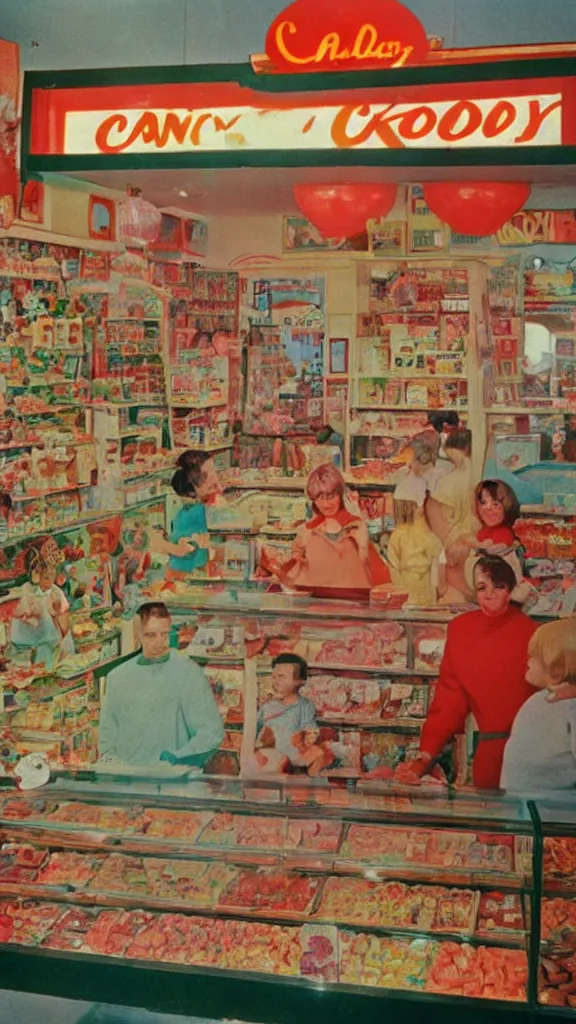 Image similar to 6 0 s photo of a candy shop, kodachrome