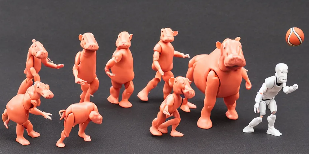 Prompt: plastic action figure hippos playing basketball