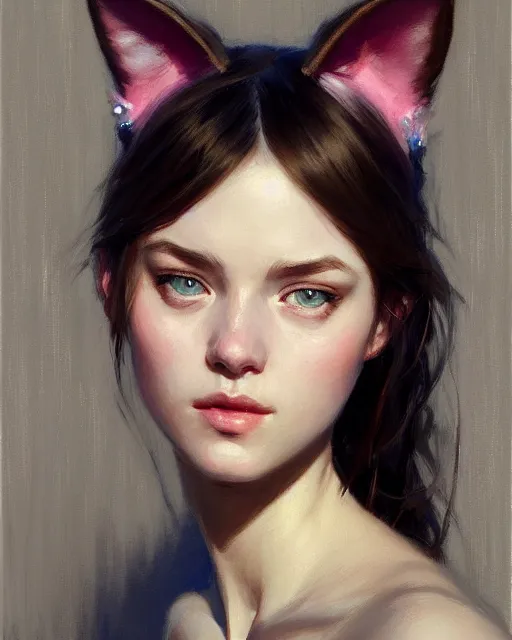 Prompt: a potrait of a girl with small cat ears, fine details. night setting. realistic shaded lighting poster by craig mullism, artgerm, jeremy lipkin and michael garmash, unreal engine, radiant light, detailed and intricate environment, digital art, trending on art station