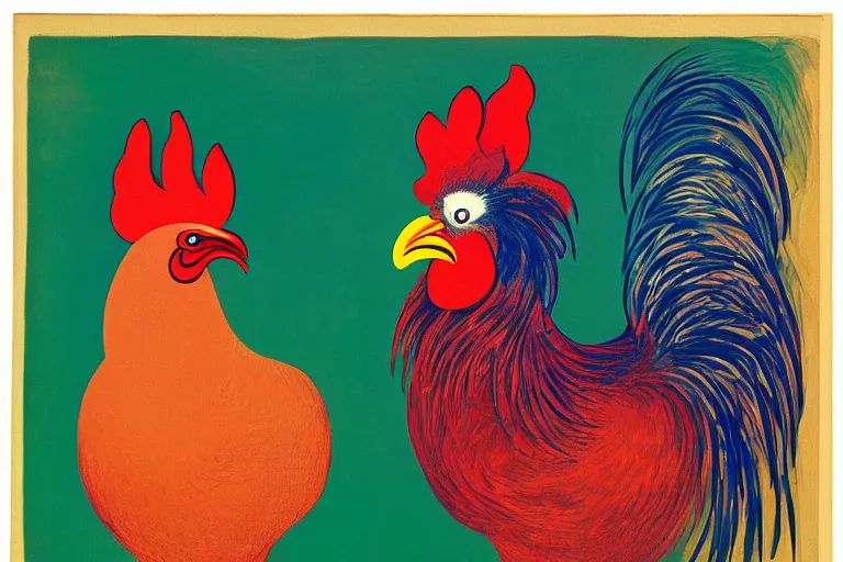 Prompt: illustration of a rooster, by karl wilhelm de hamilton and picasso, lively colors, portrait