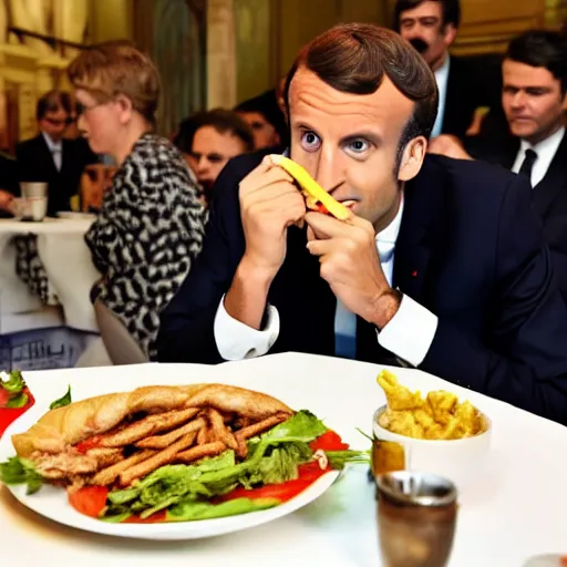 Prompt: emmanuel macron eating a kebab