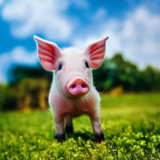 Image similar to photograph of baby pig with big ears as wings flying over romanian village, a blue sky, bokeh, dramatic lighting, professional photography