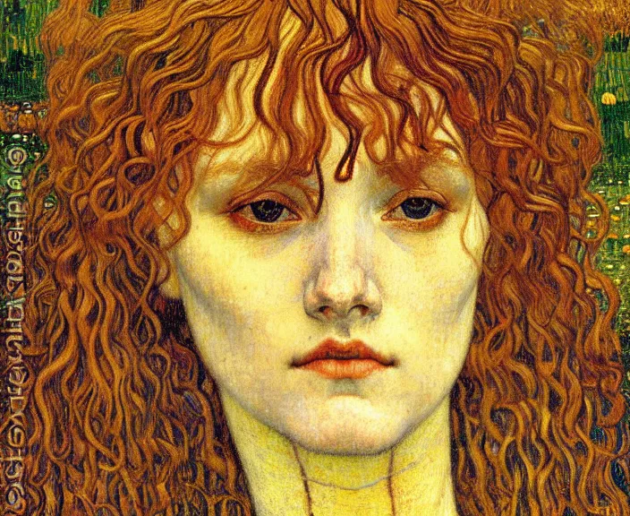 Image similar to detailed realistic beautiful young medieval queen face portrait by jean delville, gustav klimt and vincent van gogh, art nouveau, symbolist, visionary, gothic, pre - raphaelite, muted earthy colors, desaturated