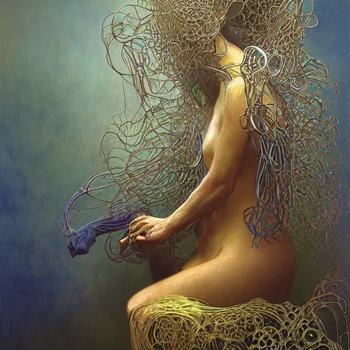 Prompt: cyber nomad by zdzisław beksinski, iris van herpen, raymond swanland and alphonse mucha. highly detailed, hyper - real, beautiful