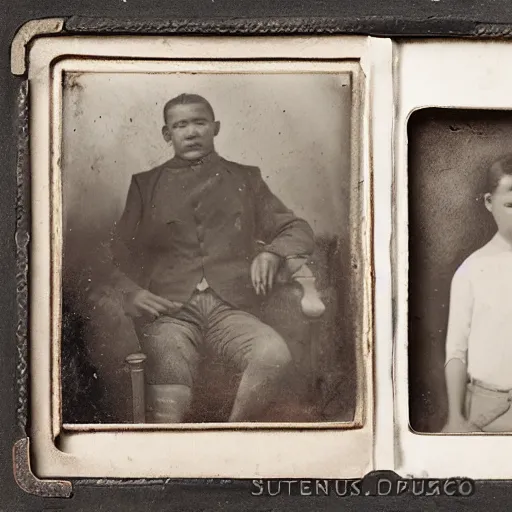 Image similar to Tintype photograph of primitive found objects displayed in an ethnographic museum, archive material, anthropology, 1920s studio lighting.