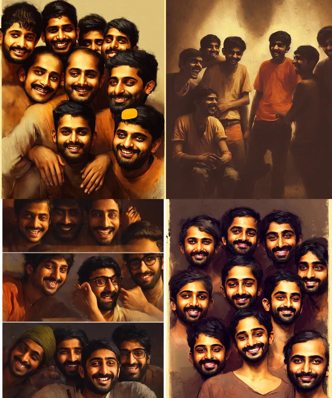 Prompt: a beautiful cinematic masterpiece portrait of four indian stoner boys smiling at the camera, by gaspar noe, by rembrandt van rijn, by greg rutkowski, brilliant lighting, trending on artstation, featured on pixiv, detailed, 8 k