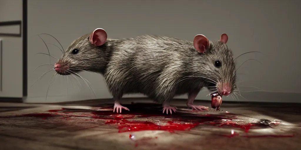 Image similar to a highly detailed photographic render of a human size rat eating a corpse in a living room, scary, gore, blood, rat man, horror sci-fi, horror science fiction, biology, horror, cinematic, cinematic horror, cinematic lighting, cinematic scene, cinematic render, film, horror film, beautifully lit, ray traced, octane 3D render, octane render, unreal engine