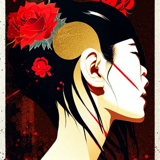 Prompt: portrait of japenese woman :: side profile :: in ocean :: roses and guns metal details :: gold :: blood and horror :: by marvel and Sandra Chevrier