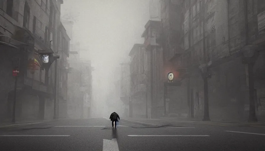 Image similar to giant turtle walking in silent hill streets, fog, empty streets, hyperdetailed, artstation, cgsociety, 8 k