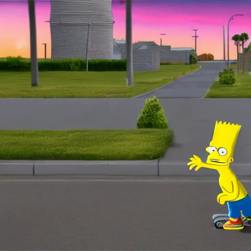 Prompt: 3D realistic (Bart Simpson) skateboarding around a neighborhood full of obstacles, nosey neighbors, nuclear power plant in the distance