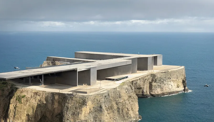 Prompt: big military base perched on a cliff overlooking a magnificient bay, laboratory, drawing architecture, science fiction, pritzker architecture prize, greig fraser