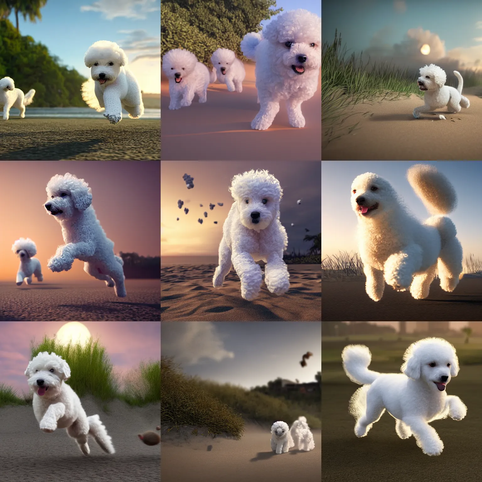 Prompt: a photorealistic image of a large knitted white bichon puppy chasing a pack of squirrels during sunset at the beach Trending on artstation, featured on Behance, well-rendered, Unreal Engine, 4K HD