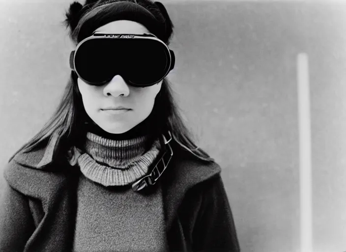 Prompt: close - up portrait of a young woman wearing a choker and ski goggles, in a subway, richard avedon, tri - x pan