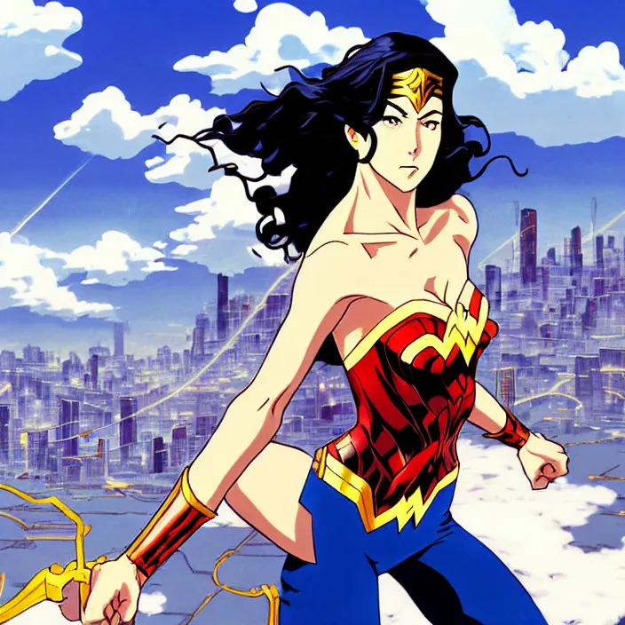 Image similar to painting of bloodlines wonder woman with urban japanese city in the background in the style of cowboy bebop, calm, fantasy character portrait, dynamic pose, above view, sunny day, thunder clouds in the sky, artwork by makoto shinkai, very coherent asymmetrical artwork, sharp edges, perfect face, simple form, 1 0 0 mm