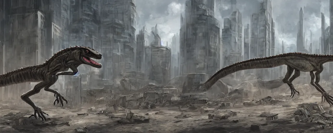 Prompt: An artwork of a velociraptor in a dystopian city, paleo art, brutalism