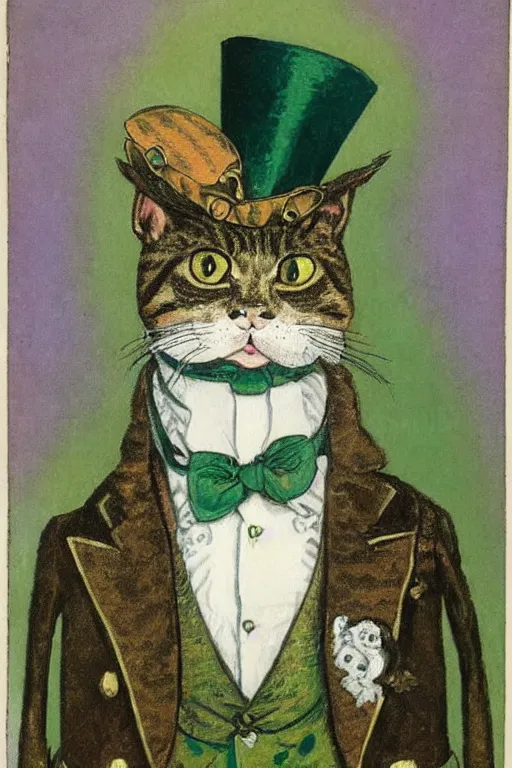 Prompt: 3 / 4 portrait of a cat wearing a top hat and a green three piece suit with a fish in its mouth, by louis wain and david tibet