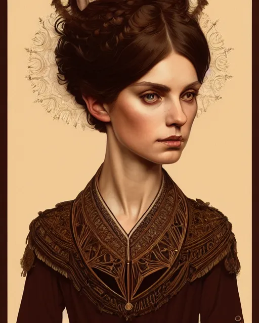 Prompt: symmetry portrait of welsh brunette princess in mans tunic, tomboy, short hair, forest background, intricate, elegant, highly detailed, digital painting, artstation, concept art, smooth, sharp focus, illustration, art by artgerm and greg rutkowski and fra angelico and alphons mucha