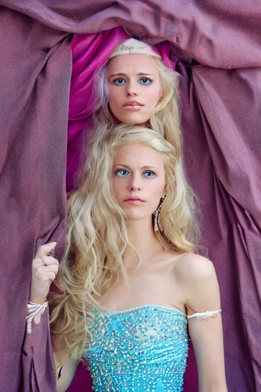 Prompt: a princess with long blonde hair and light blue eyes wearing a strapless elaborately beaded pink dress standing next to a canvas army tent, high resolution film still, 8k, HDR color, film by Simon Langton and David Frankel, triangular face, very light freckles, round narrow chin, straight jawline, natural lips, high cheekbones, beautiful gazing eyes