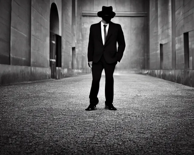 Prompt: mysterious man in black suit and black fedora hat and black shoes, he has a pistol!!, mysterious, 4 k, highly detailed, digital art, strong shadows, high contrast, epic scene, atmospheric, blue colours, award winning photo