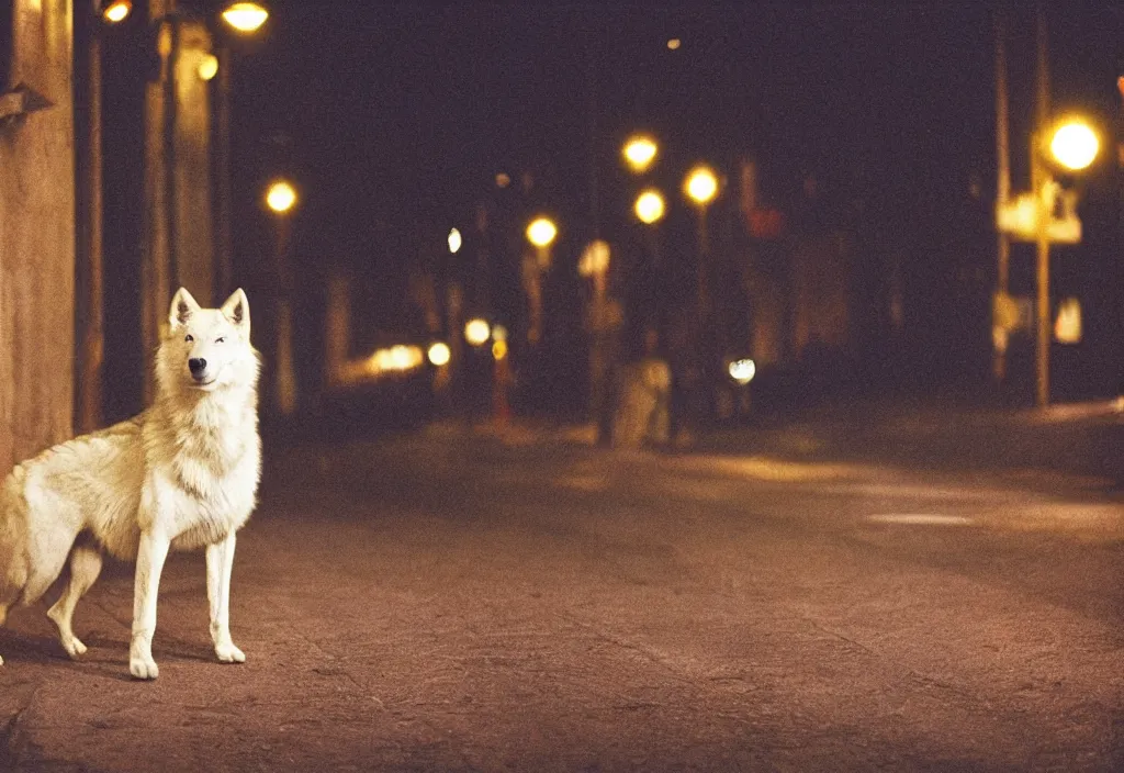 Image similar to lomo photo of a white wolf in empty dark street, cinestill, bokeh, out of focus, night, dramatic lighting, streetlight