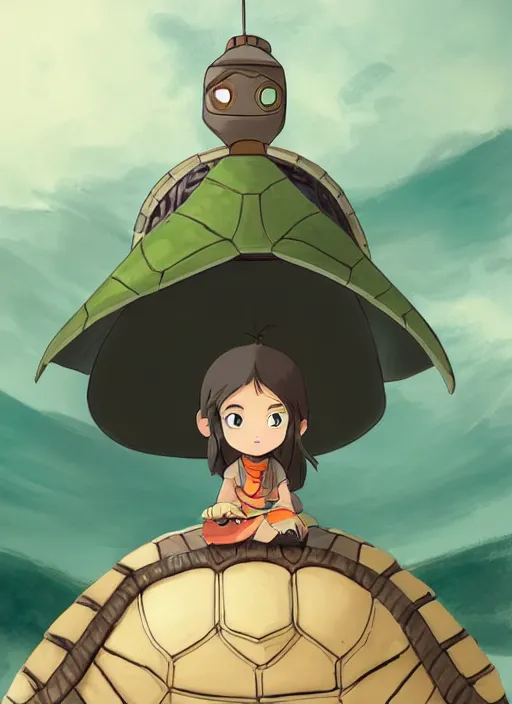 Image similar to portrait of a little warrior girl character sitting on top of a giant armored turtle in the desert, studio ghibli epic character with dark skin and beautiful green eyes. the girl has a very beautiful detailed symmetrical face, long black hair, the turtle has a big smiling face and closed eyes, bright colors, diffuse light, dramatic landscape, fantasy illustration