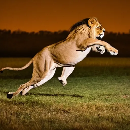 Image similar to lion leaping into a gazelle, high shutter speed, dramatic, at night