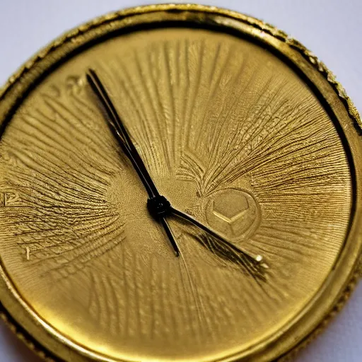 Image similar to a gold coin with a clock face printed on it, complex, high detail, close up