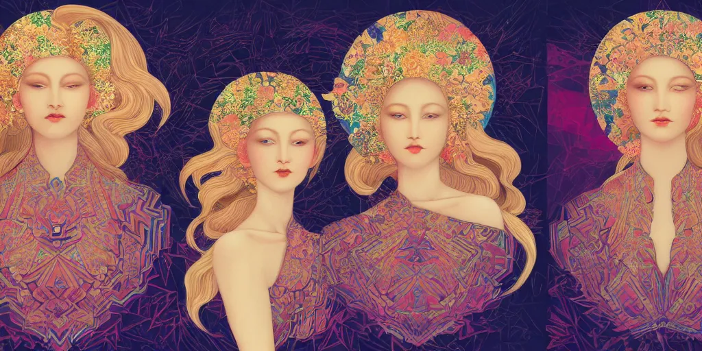 Image similar to breathtaking detailed concept art painting kaleidoscope art deco pattern of blonde faces goddesses by hsiao - ron cheng, amalgamation flowers, bizarre compositions, exquisite detail, extremely moody lighting, 8 k